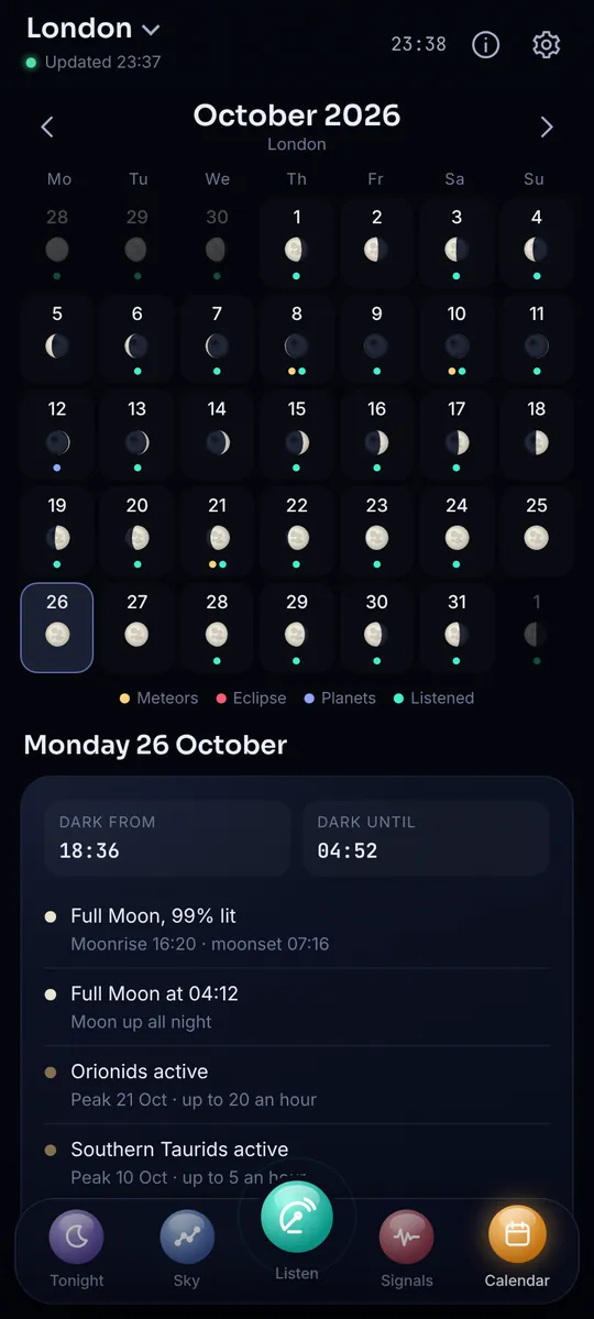Sky: Moon phases and sky events, day by day